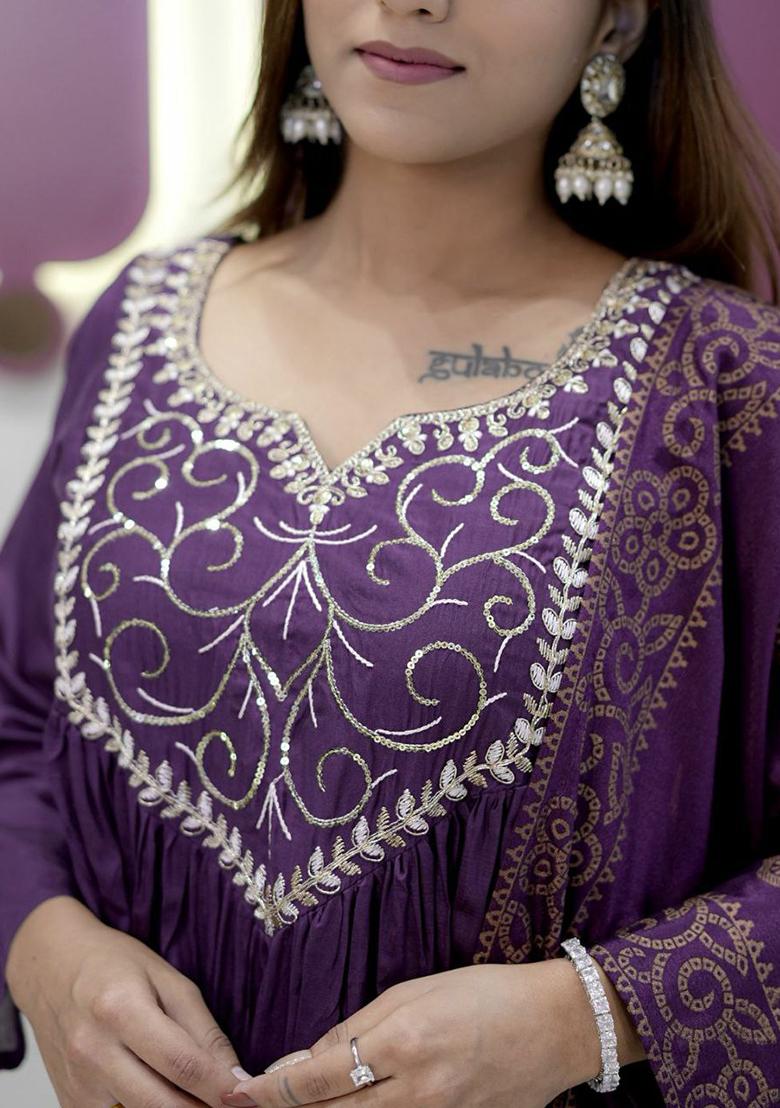 Purple Embroidery Silk Kurti Set - Indya