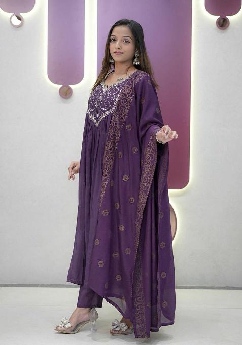 Purple Embroidery Silk Kurti Set