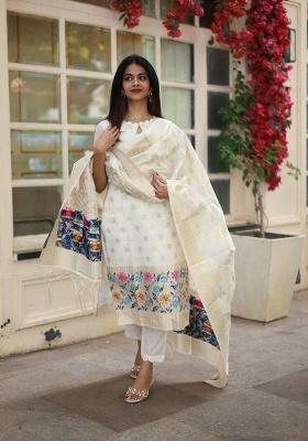 White Embroidery Viscose Jaquard Kurti Set