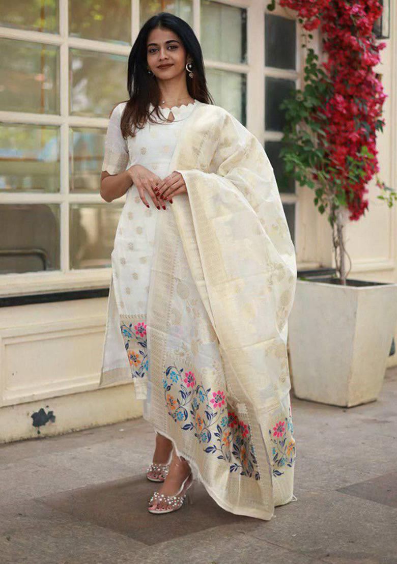 White Embroidery Viscose Jaquard Kurti Set - Indya