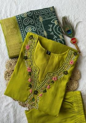 Green Embroidery Silk Kurti Set