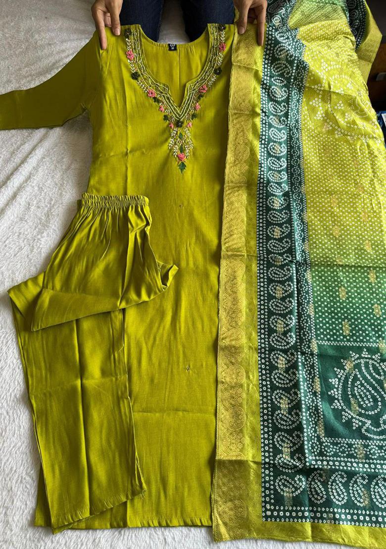 Green Embroidery Silk Kurti Set - Indya