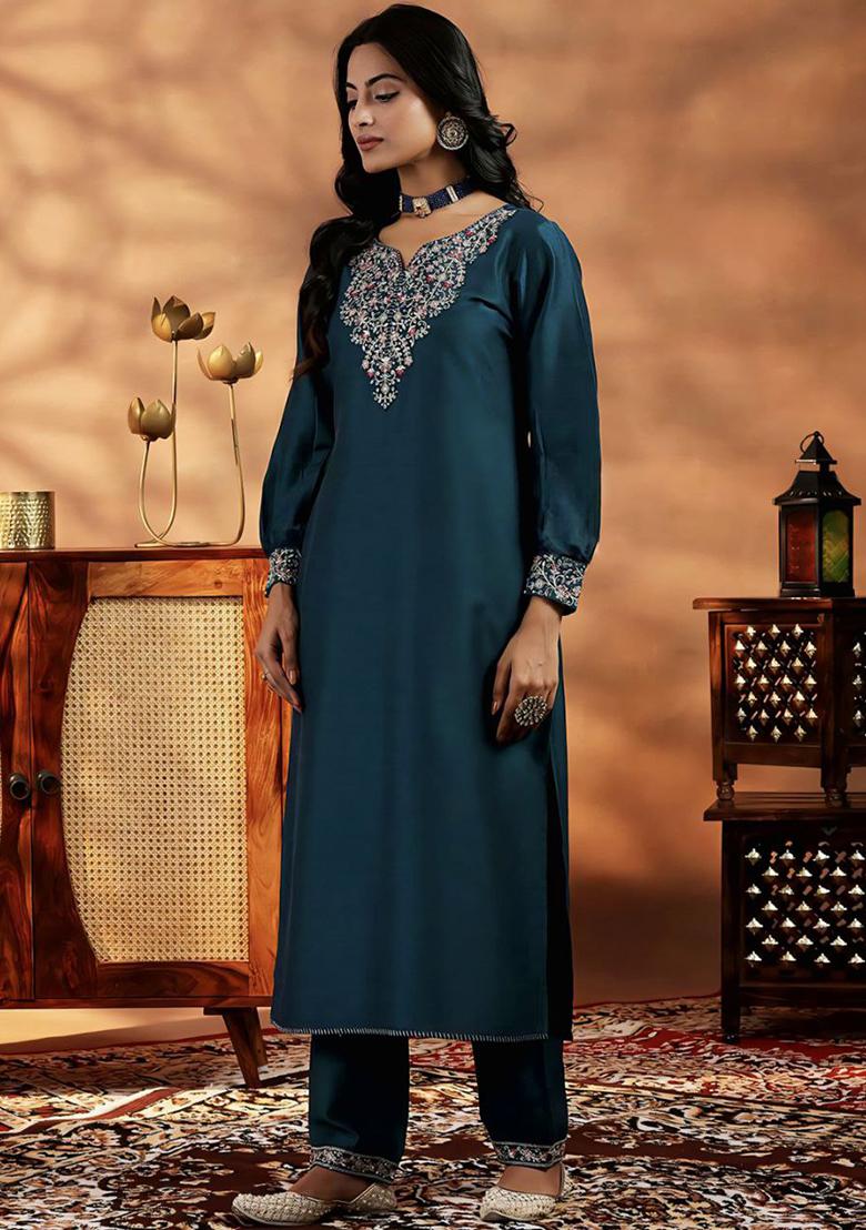 Dark Blue Embroidery Silk Kurti Set - Indya