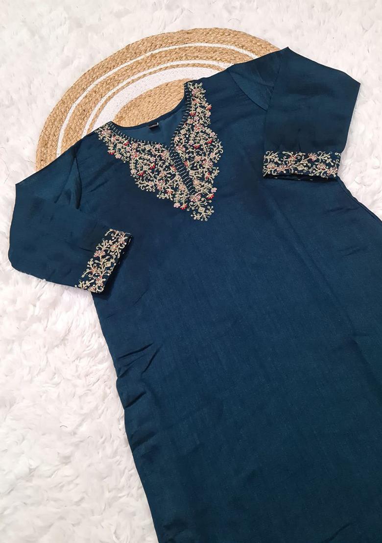Dark Blue Embroidery Silk Kurti Set - Indya