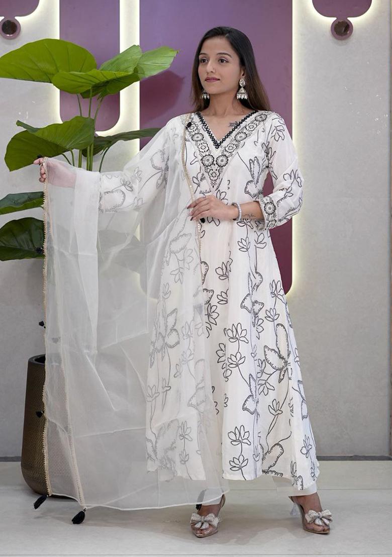 White Embroidery French Crepe Kurti Set - Indya