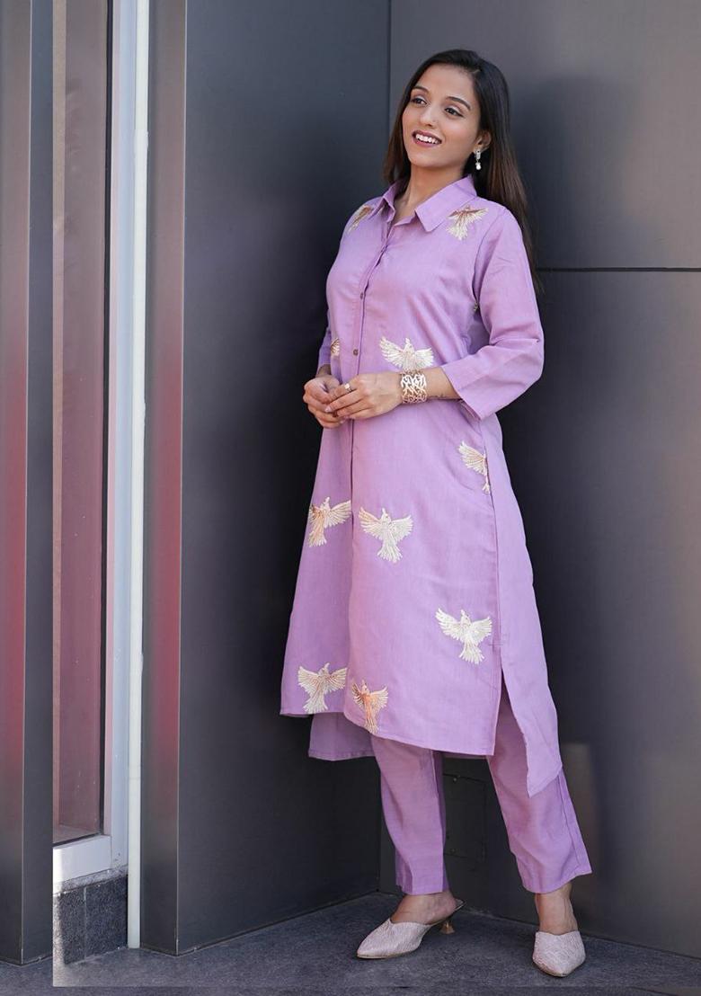Purple Embroidery Silk Kurti Set - Indya