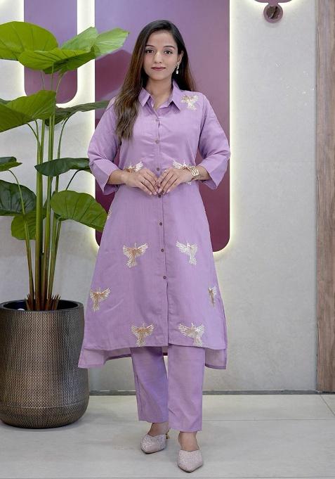 Purple Embroidery Silk Kurti Set