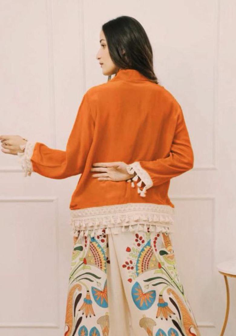 Orange Embroidery Rayon Kurti Set - Indya