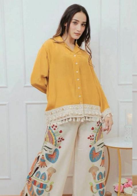 Yellow Embroidery Rayon Kurti Set