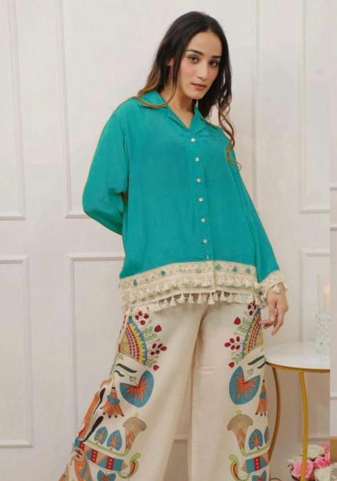 Blue Embroidery Rayon Kurti Set