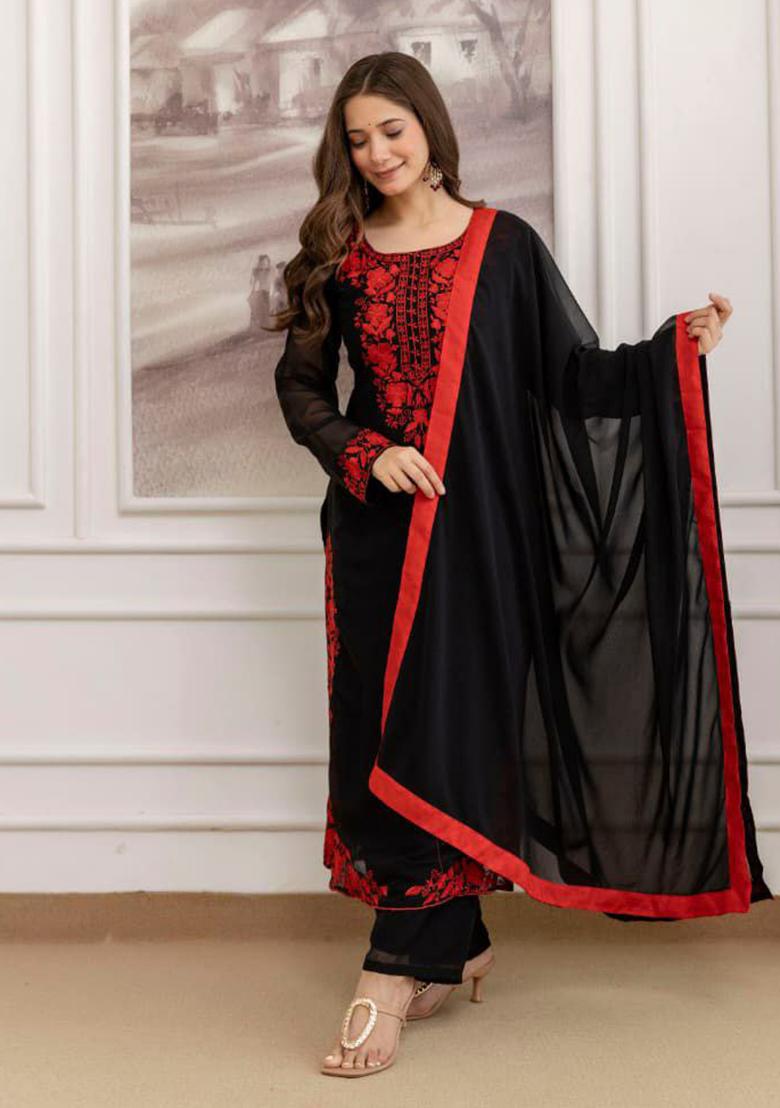 Black Embroidery Georgette Kurti Set - Indya
