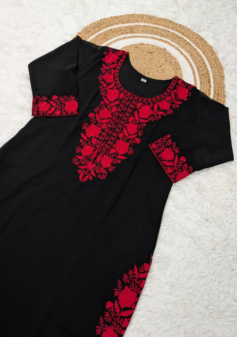 Black Embroidery Georgette Kurti Set - Indya