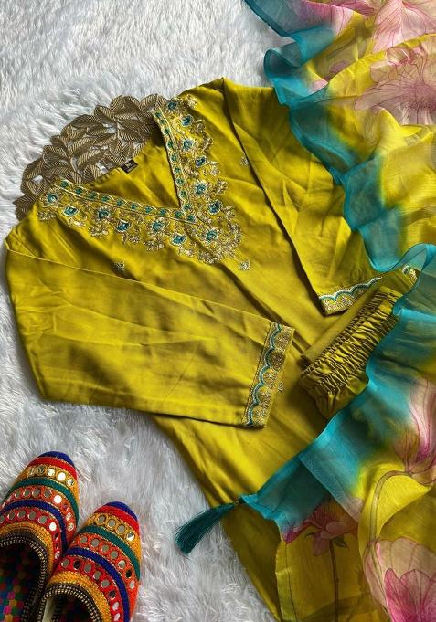 Green Embroidery Rayon Kurti Set