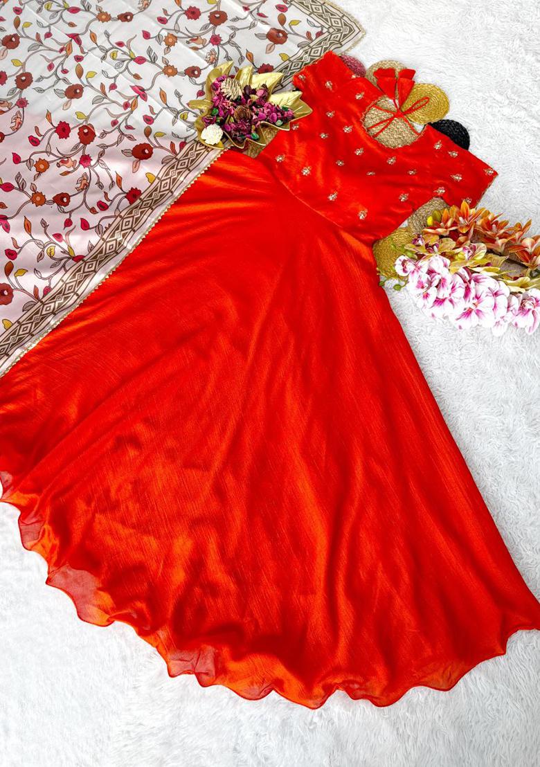 Red Embroidery Silk Kurti Set - Indya