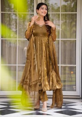 Rust Golden Thread Work Tissue Anarkali Set