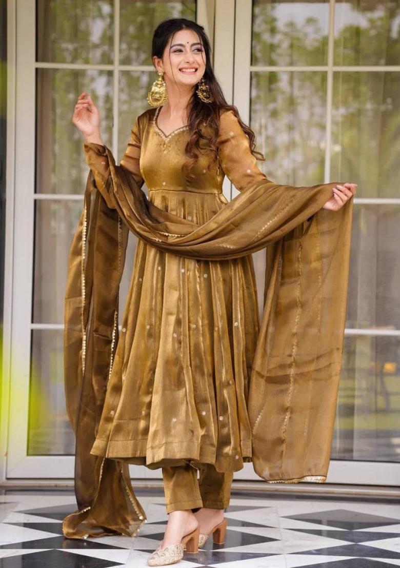 Rust Golden Thread Work Tissue Anarkali Set - Indya