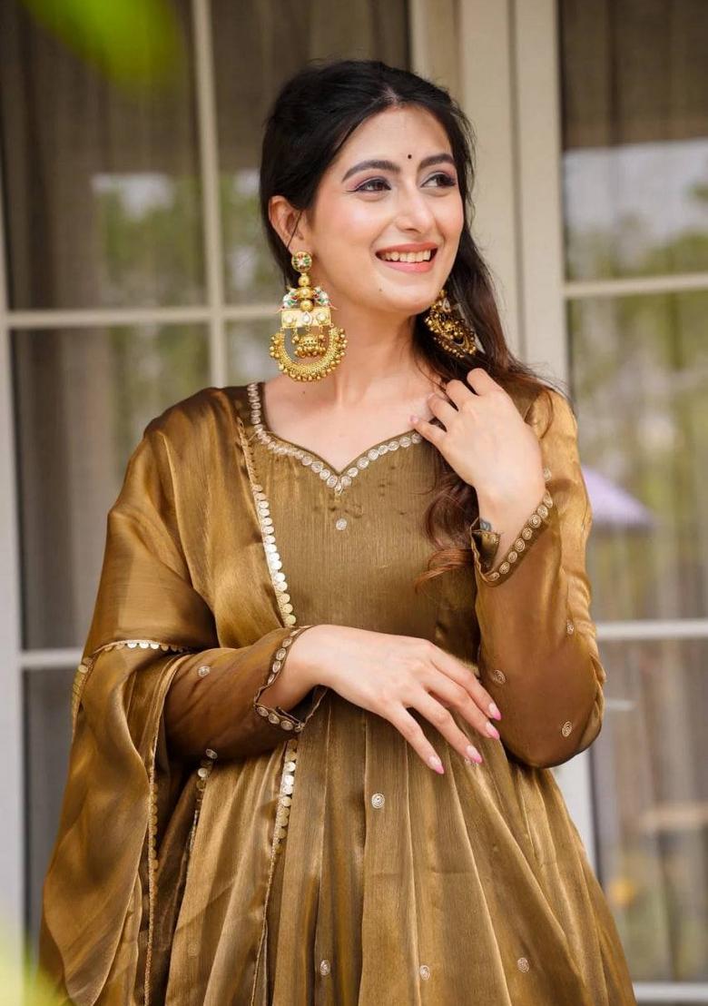 Rust Golden Thread Work Tissue Anarkali Set - Indya