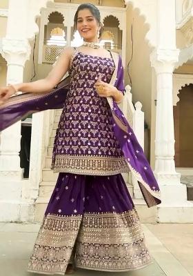 Purple Sequence Work Georgette Sharara Dress