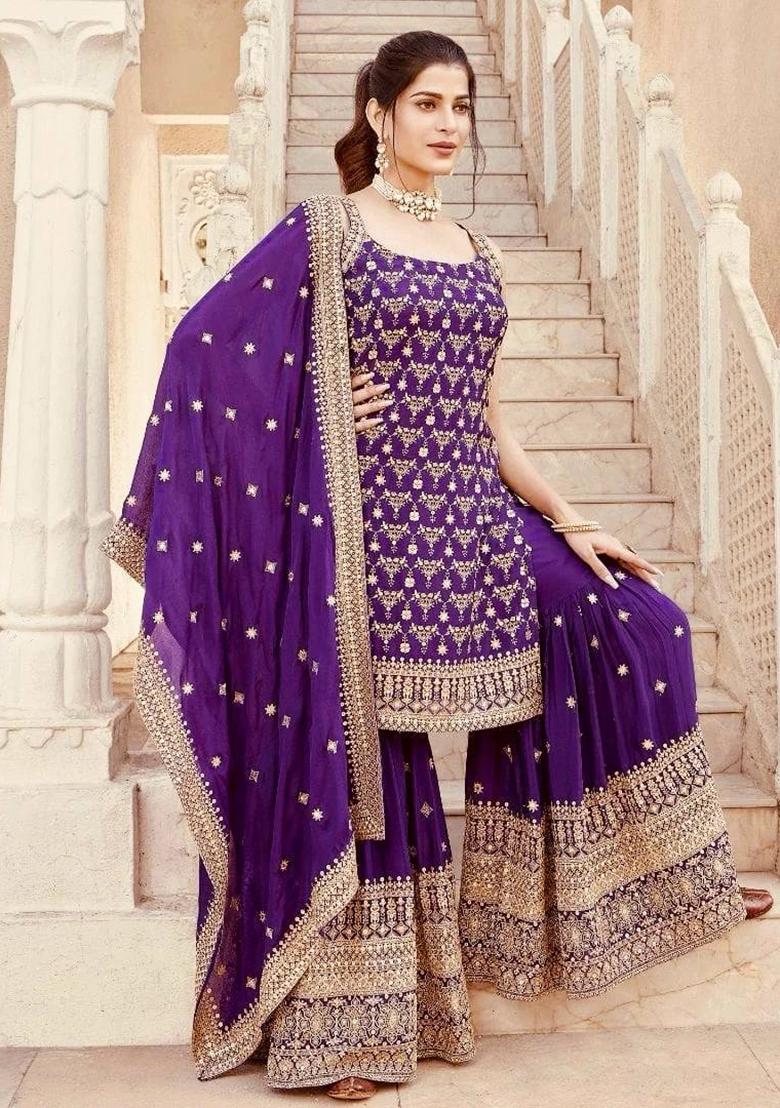 Purple Sequence Work Georgette Sharara Dress - Indya
