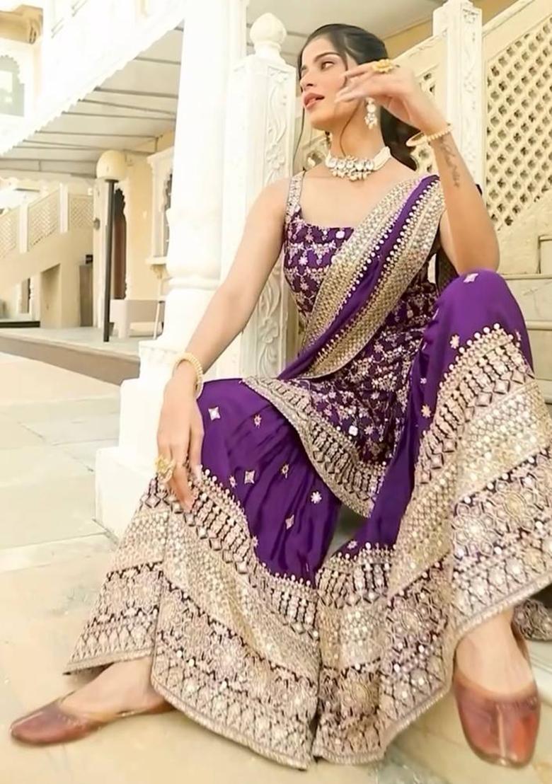 Purple Sequence Work Georgette Sharara Dress - Indya