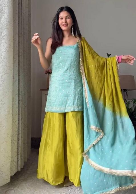 Aqua And Lime Sequence Work Silk Suit