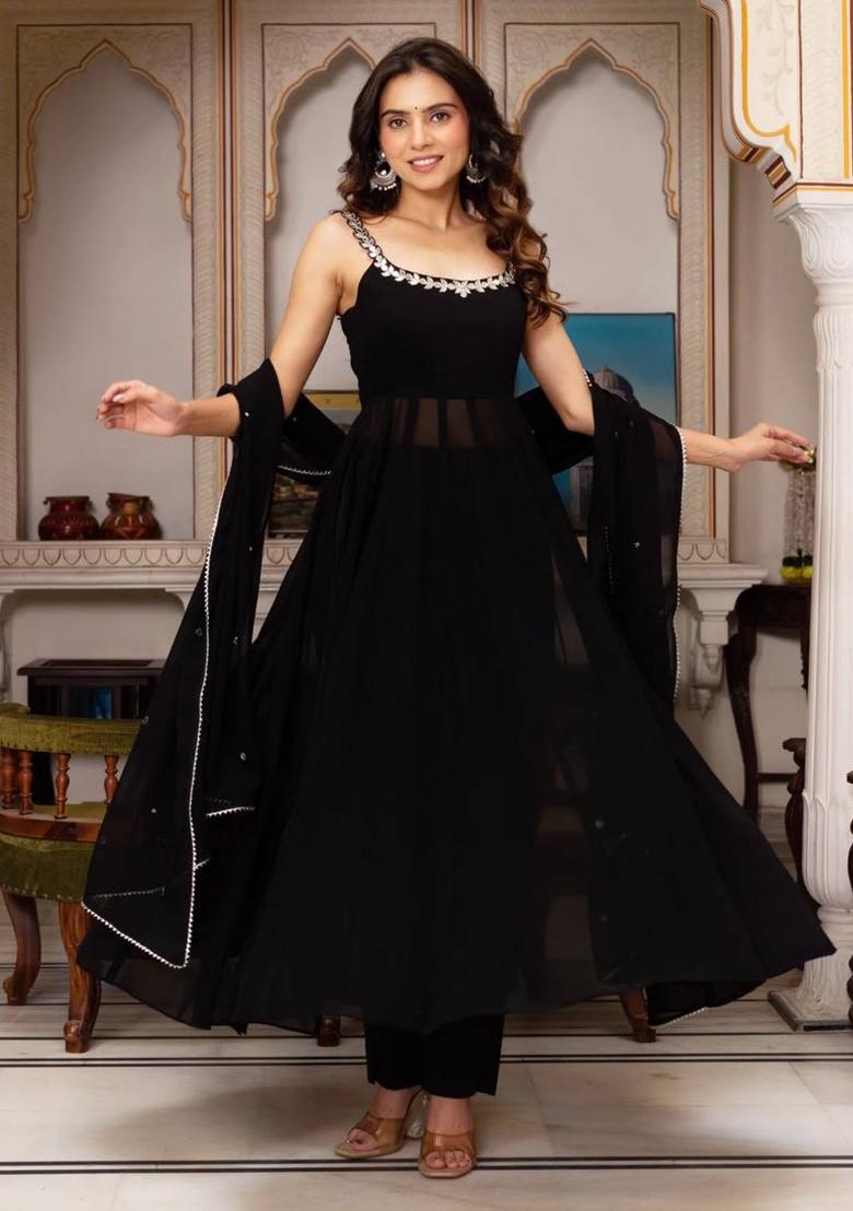 Black Handwork With Real Mirror Georgette Anarkali Set - Indya