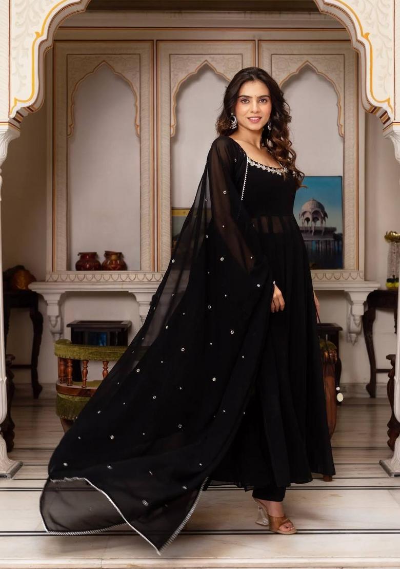 Black Handwork With Real Mirror Georgette Anarkali Set - Indya