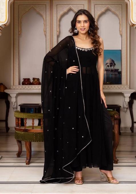 Black Handwork With Real Mirror Georgette Anarkali Set