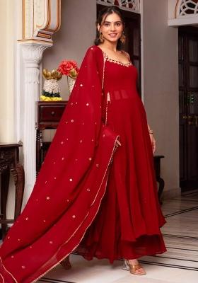 Red Handwork With Real Mirror Georgette Anarkali Set