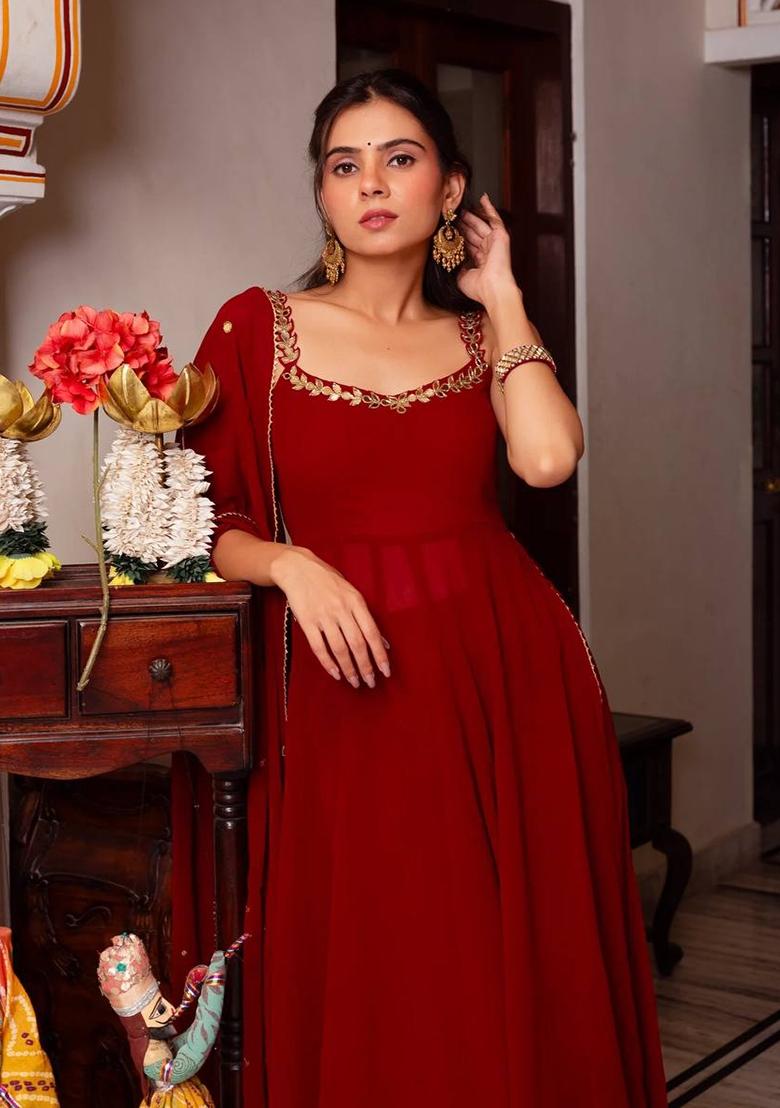 Red Handwork With Real Mirror Georgette Anarkali Set - Indya
