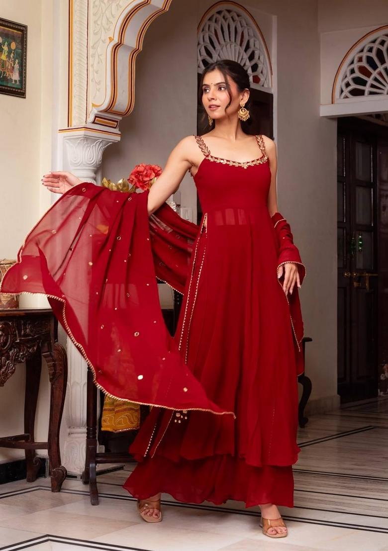 Red Handwork With Real Mirror Georgette Anarkali Set - Indya