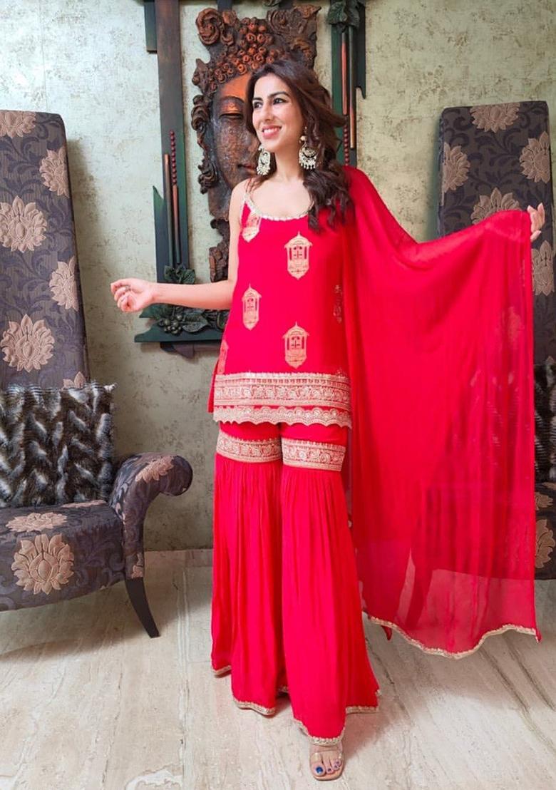 Red Sequence Work Georgette Sharara Dress - Indya