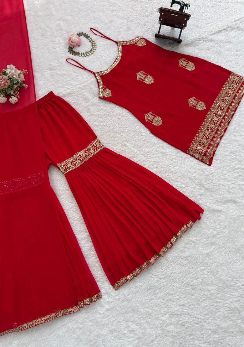 Red Sequence Work Georgette Sharara Dress - Indya