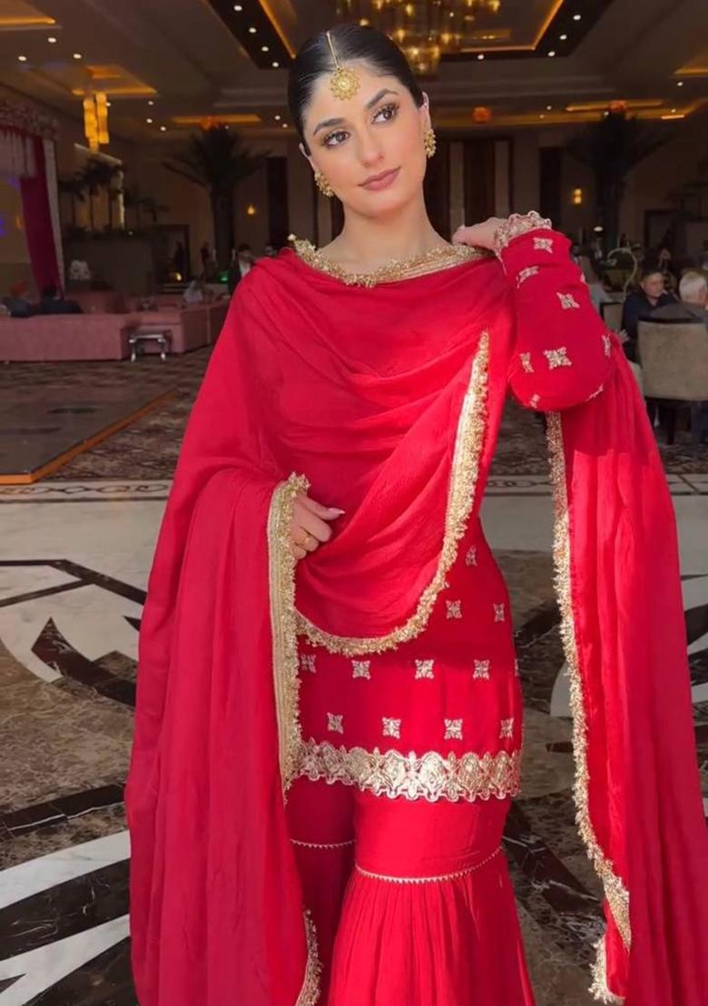 Red Sequence Work Georgette Sharara Dress - Indya