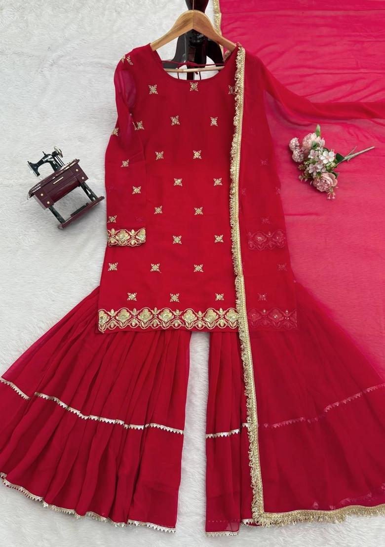 Red Sequence Work Georgette Sharara Dress - Indya