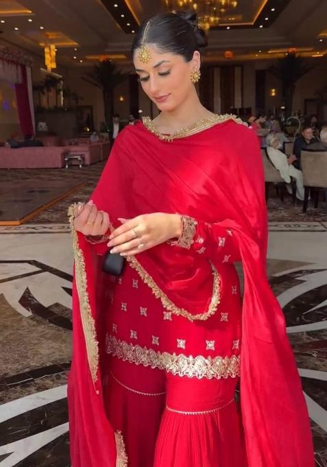 Red Sequence Work Georgette Sharara Dress