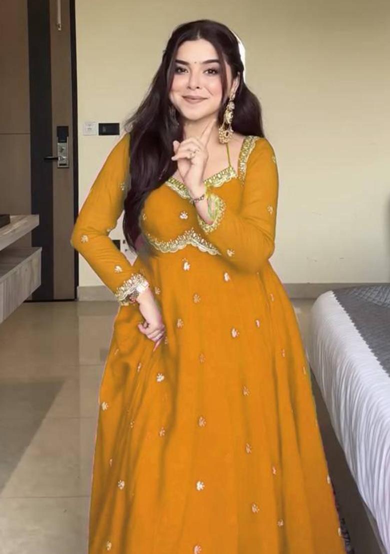 Mustard Sequence Work Georgette Anarkali Set - Indya
