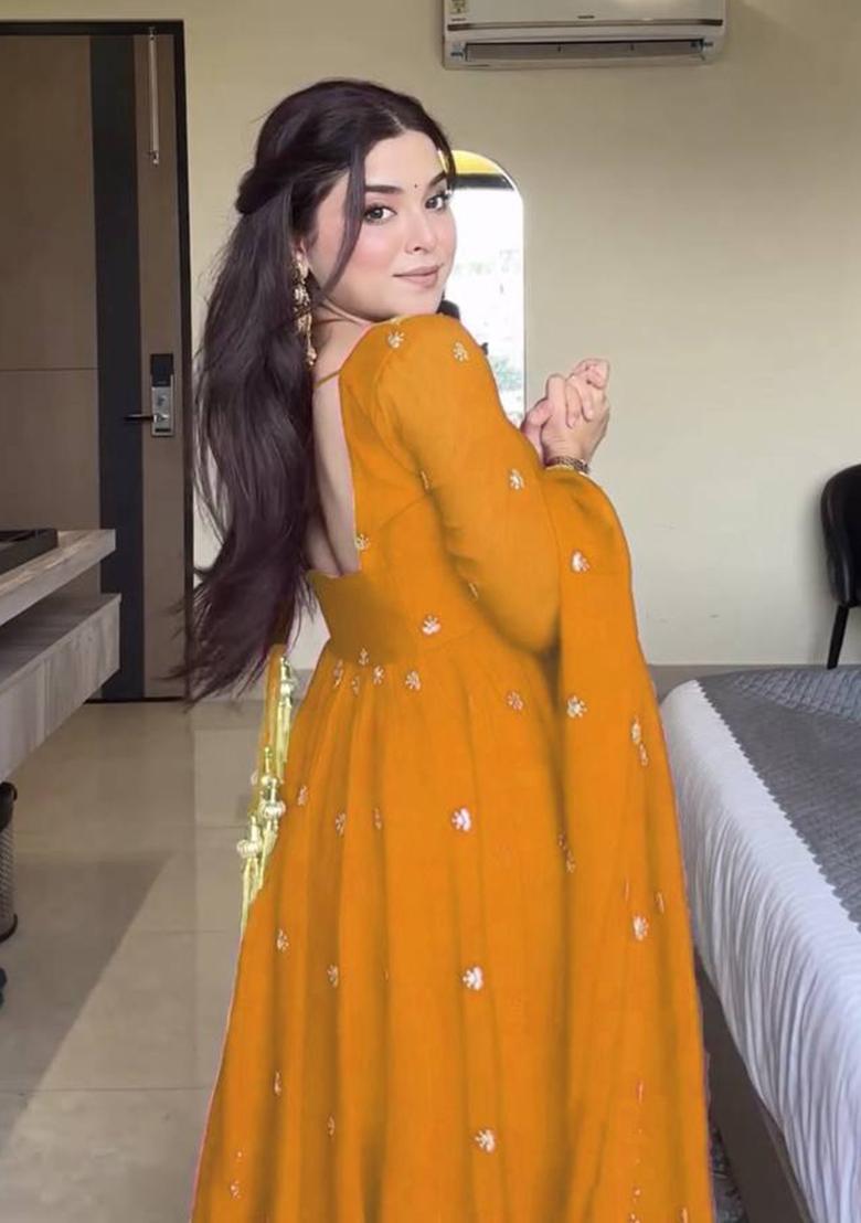 Mustard Sequence Work Georgette Anarkali Set - Indya