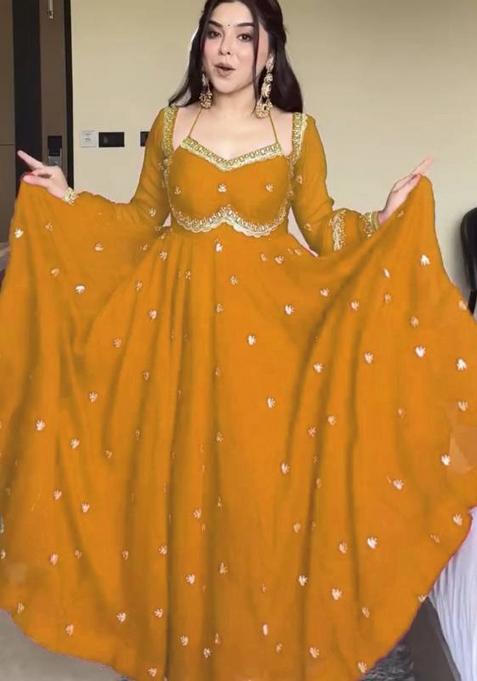 Mustard Sequence Work Georgette Anarkali Set