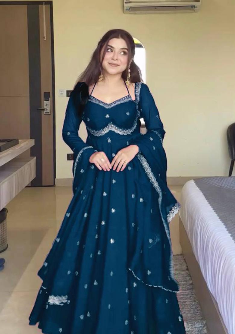 Teal Blue Sequence Work Georgette Anarkali Set - Indya