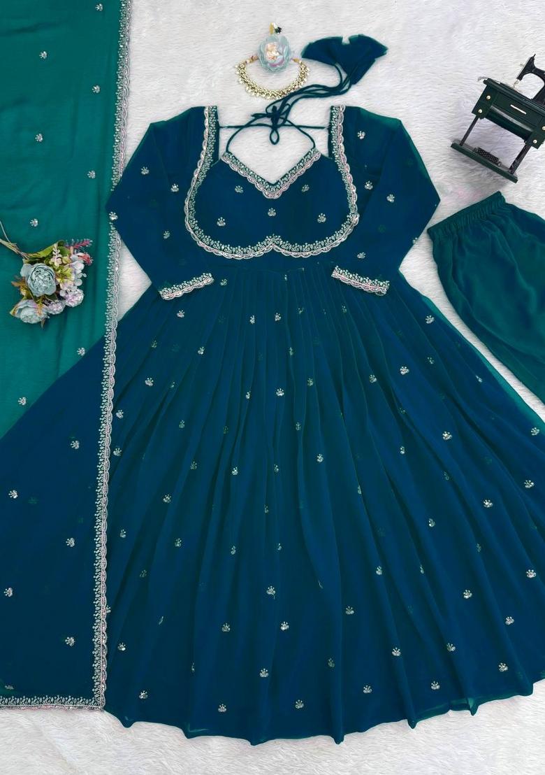 Teal Blue Sequence Work Georgette Anarkali Set - Indya