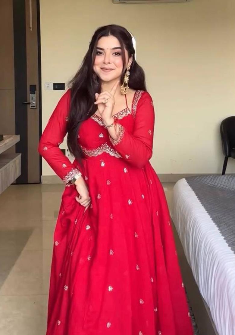 Red Sequence Work Georgette Anarkali Set - Indya