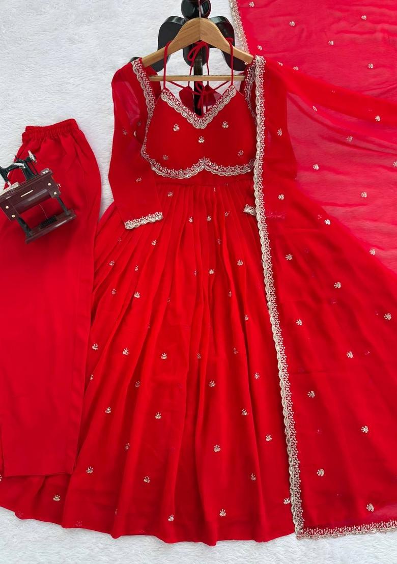 Red Sequence Work Georgette Anarkali Set - Indya