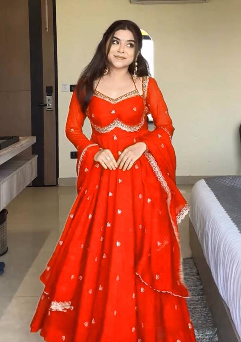 Orange Sequence Work Georgette Anarkali Set - Indya