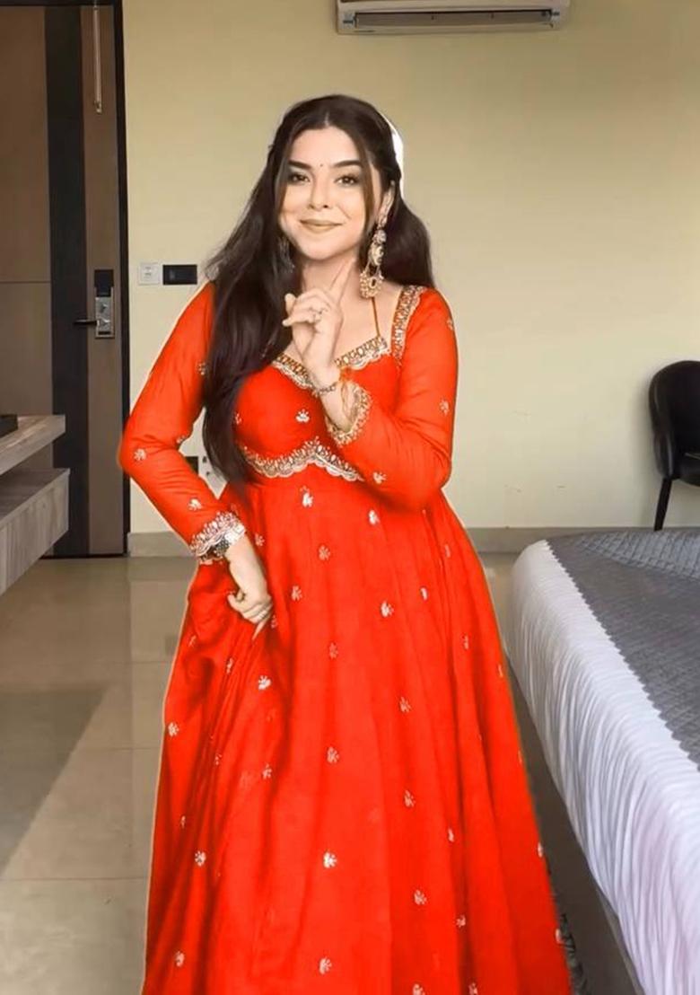 Orange Sequence Work Georgette Anarkali Set - Indya