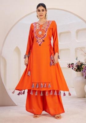 Orange Thred And Real Mirror Rayon Co Ord Set