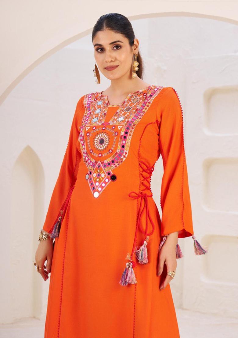 Orange Thred And Real Mirror Rayon Co Ord Set - Indya