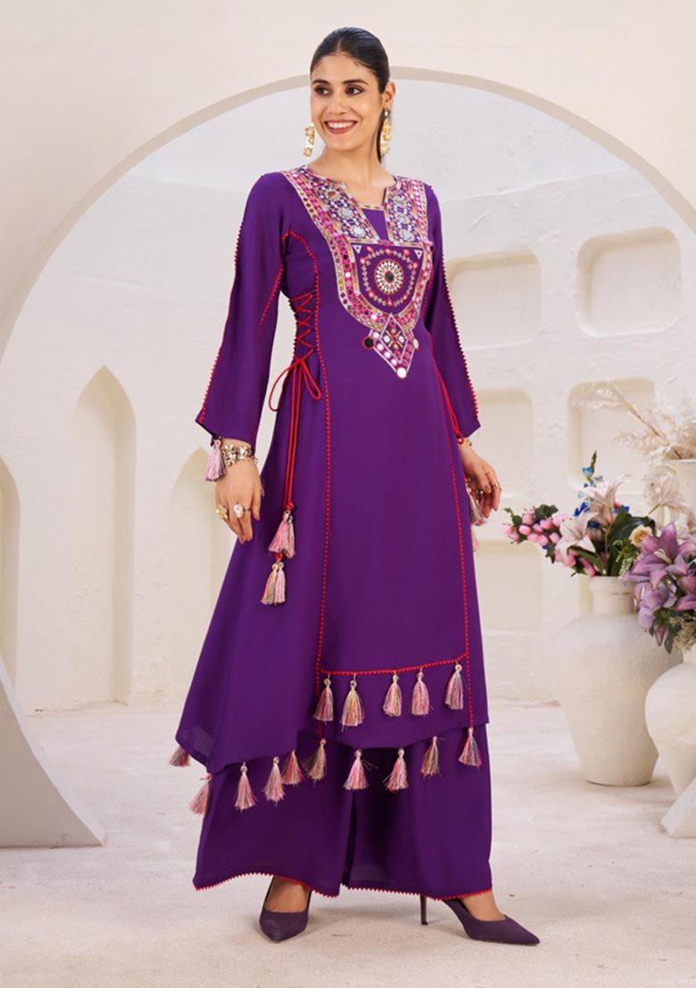 Purple Thred And Real Mirror Rayon Co Ord Set - Indya