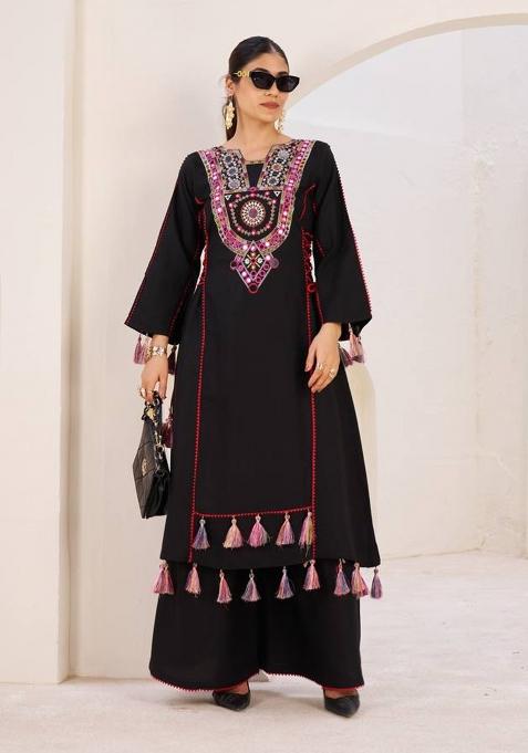 Black Thred And Real Mirror Rayon Co Ord Set