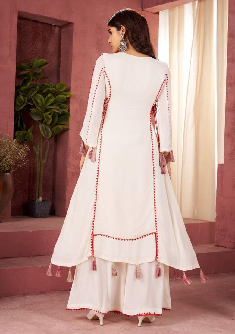 Off White Thred And Real Mirror Rayon Co Ord Set - Indya